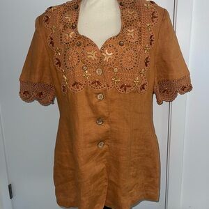 Orlando Rossi Vintage Embroidered Coconut Beaded Linen Jacket Orange 16